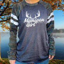 Load image into Gallery viewer, &quot;Michigan Girl&quot; Relaxed Fit Mash Up Long Sleeve Varsity T-Shirt