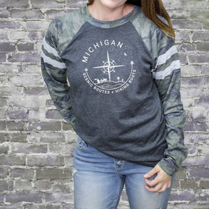 "Scenic Route" Relaxed Fit Mash Up Long Sleeve Varsity T-Shirt