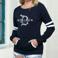 Load image into Gallery viewer, &quot;Michigan D Established 1837&quot; Women&#39;s Varsity Fleece Crew Sweatshirt