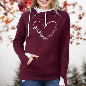 "Fall In Love With Michigan" Women's Striped Double Hood Pullover