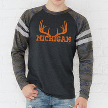 Load image into Gallery viewer, &quot;Michigan Antler&quot; Men&#39;s Mash Up Long Sleeve Varsity T-Shirt