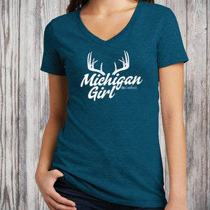"Michigan Girl Antler" Women's V-Neck