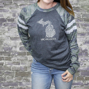 "Michigander To The Core" Relaxed Fit Mash Up Long Sleeve Varsity T-Shirt