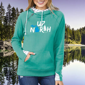 "Up North Michigan Woods" Women's Striped Double Hood Pullover